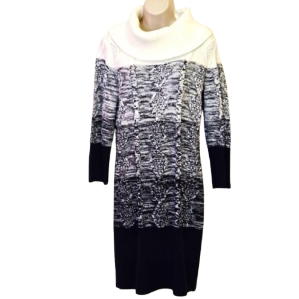 Studio One New York Black & White Cowl Neck Cable Knit Sweater Dress, Medium